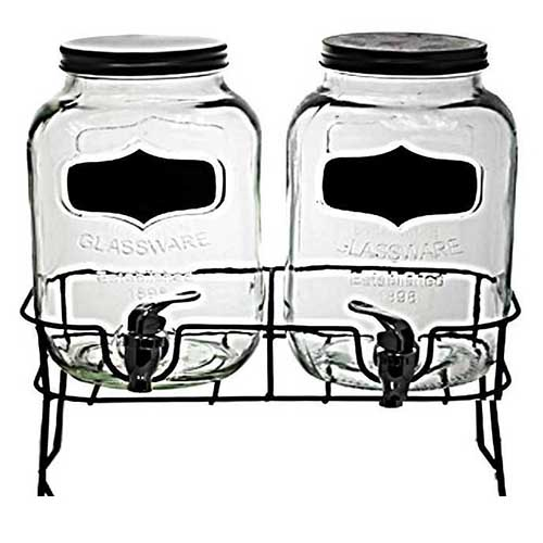Two One Gallon Beverage Dispensers on Black Stand 